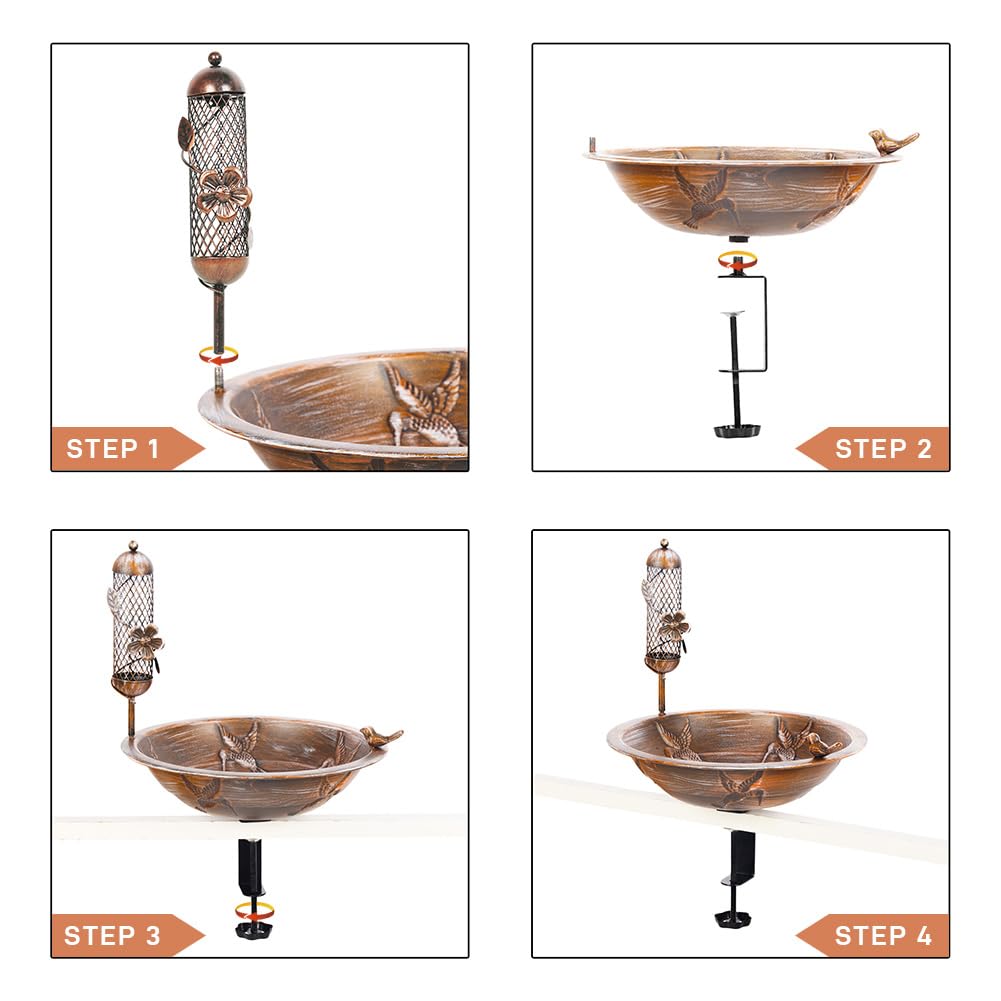 DREAMSOUL Deck Bird Bath with Feeder, 13" Bird Bath for Outside with Adjustable Sturdy Steel Clamp, Metal Birdbath Bowl for Railing Balcony Patio Decor