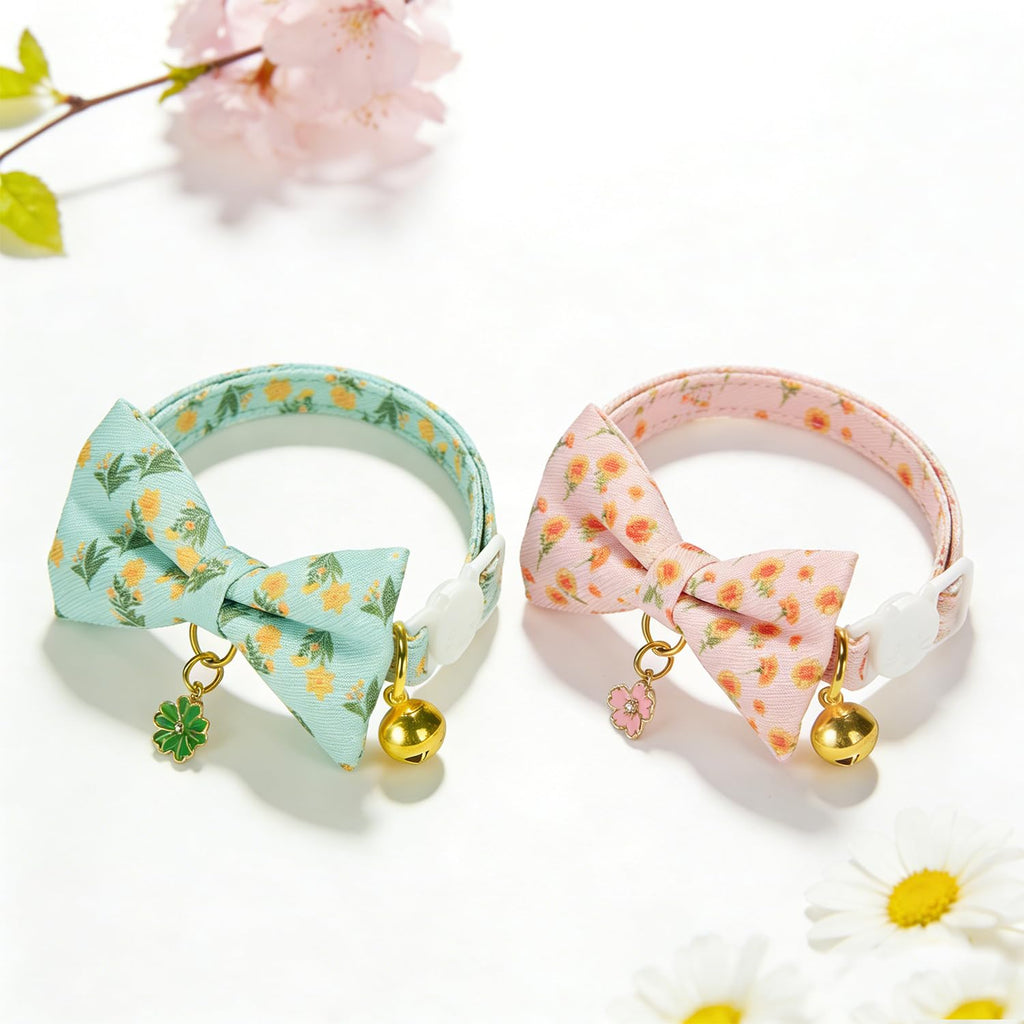 Ewinoom 2 Pack Floral Cat Collars with Bow Tie and Bell Adjustable Breakaway Bowtie Cute Kitten Collar(Green & Yellow Flowers)