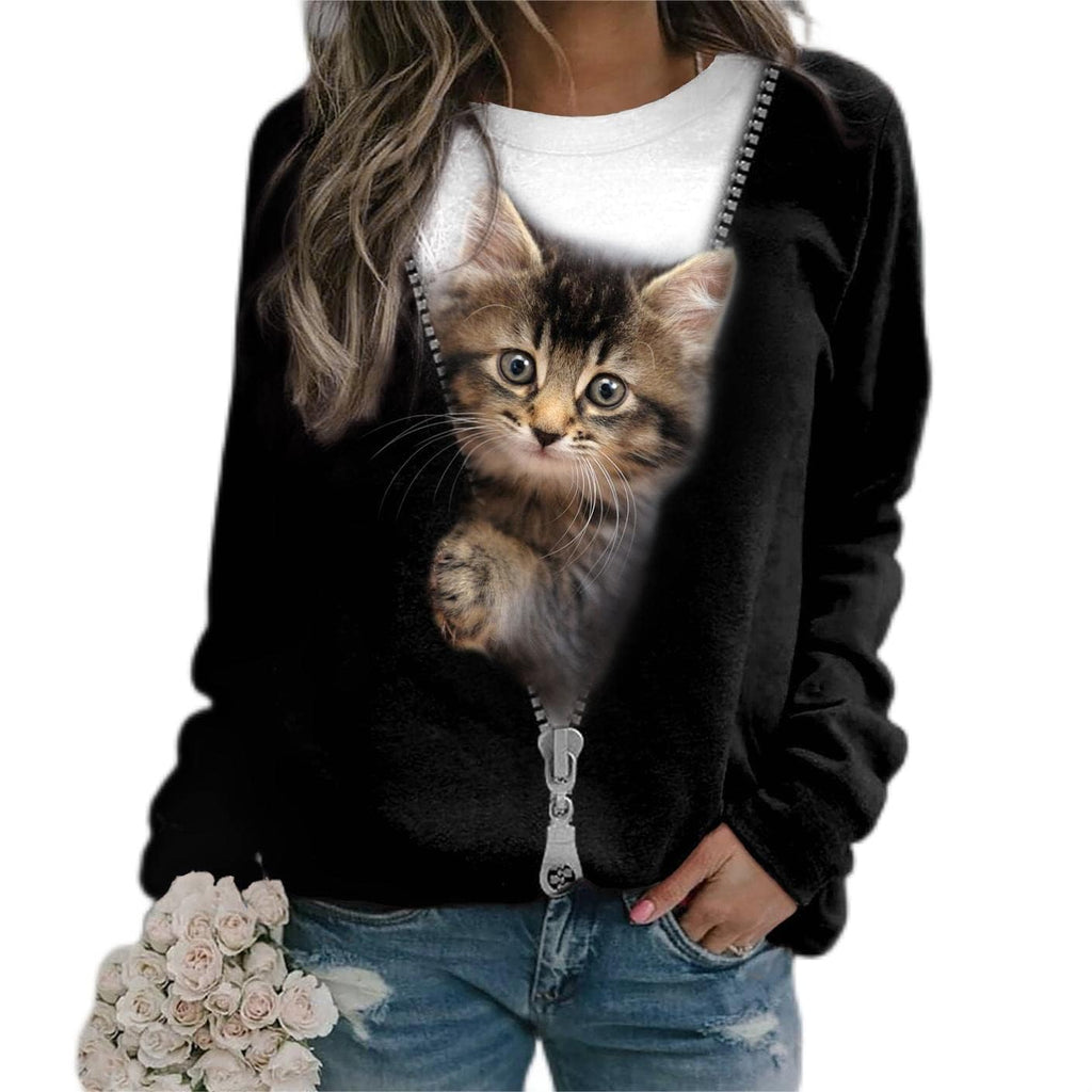 ShallWe Women's Active Sweatshirts Cute Cat Pullover Crewneck Lightweight shirts Novelty Casual Tunics Tops Spring Black Large