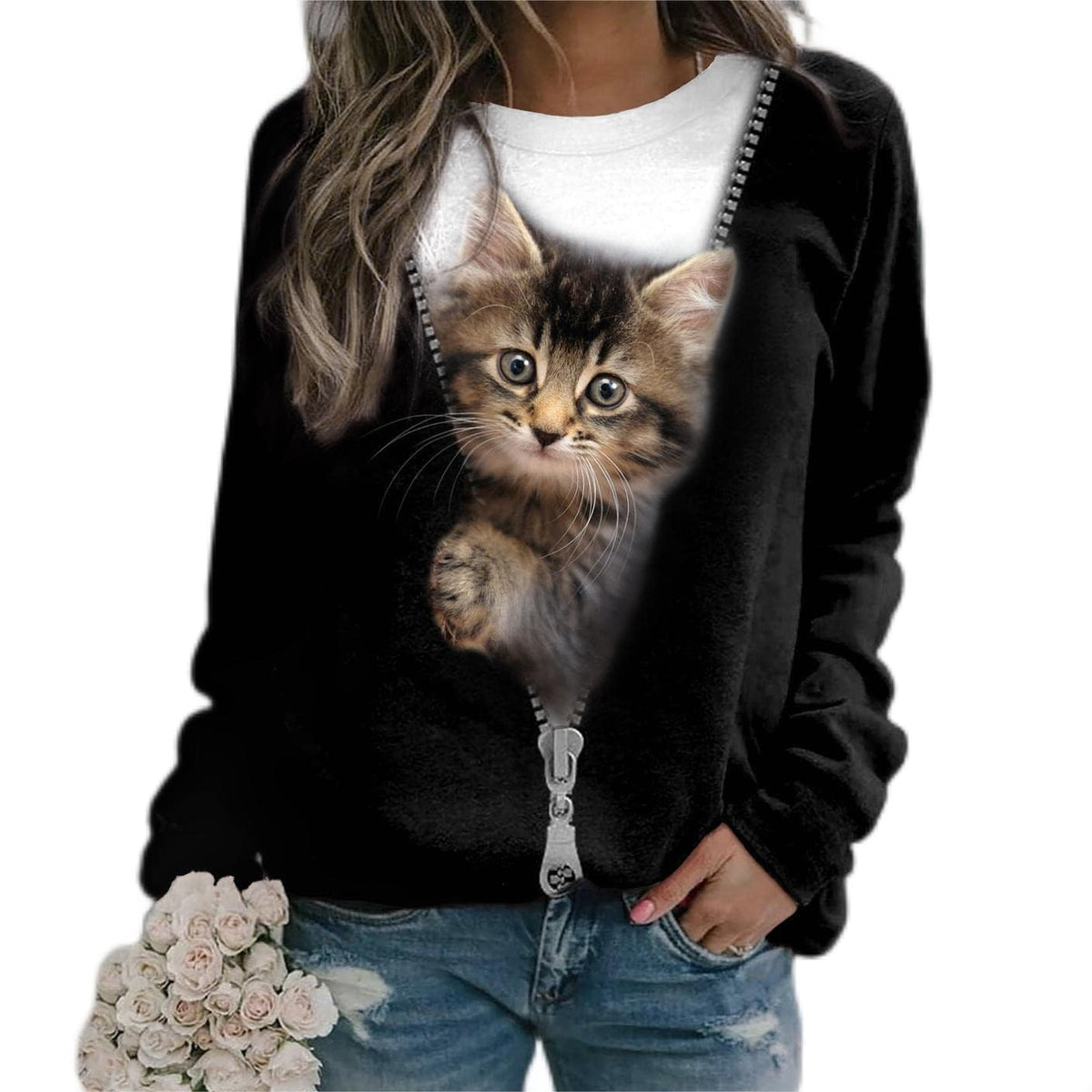 ShallWe Women's Active Sweatshirts Cute Cat Pullover Crewneck Lightweight shirts Novelty Casual Tunics Tops Spring Black Large