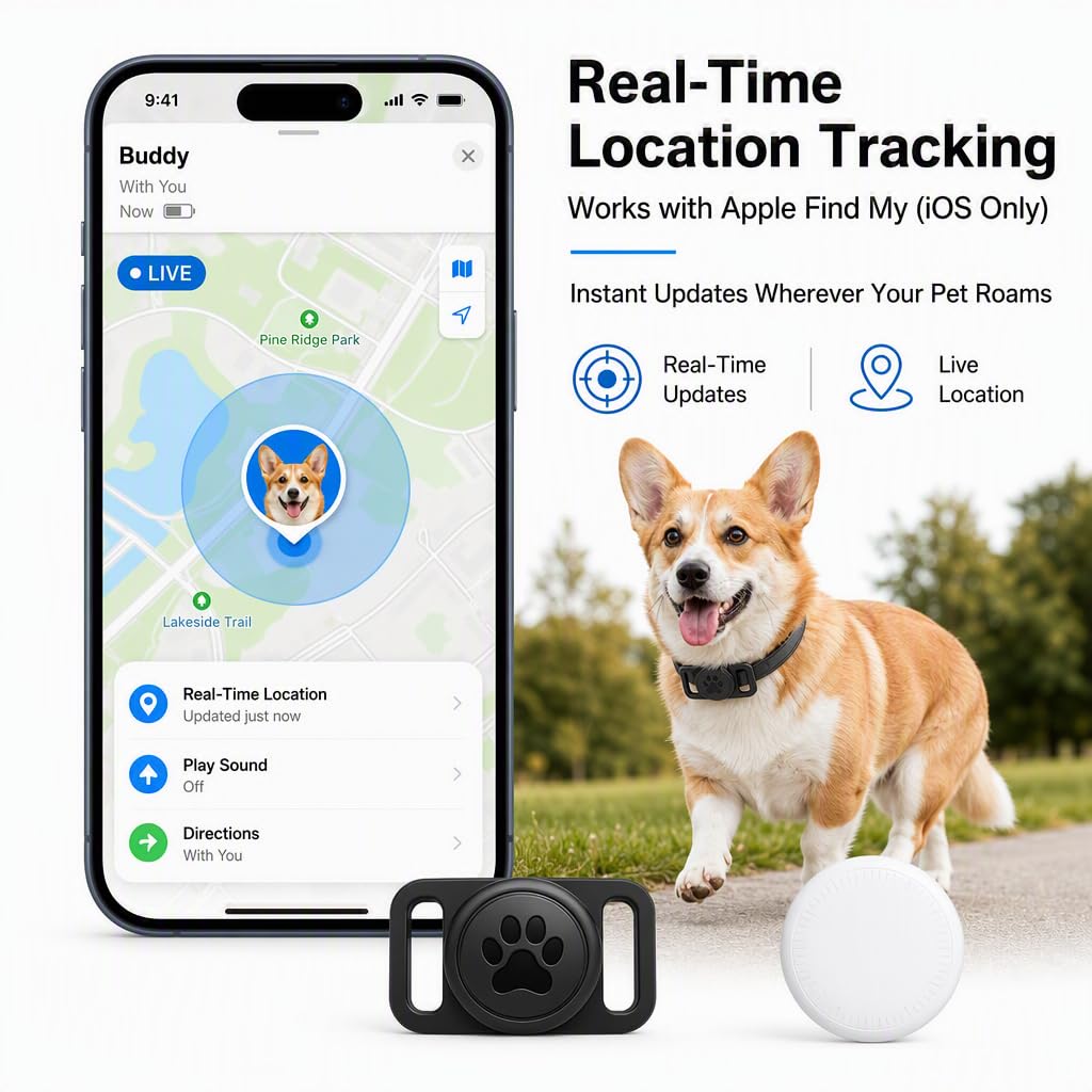 Smart Pet Location Tag with Holder – No Subscription, Compatible with Apple Find My (iOS Only), Lightweight Silicone Case, Clip-On Anti-Loss Accessory for Dog & Cat Collars, Bags (Black&White)