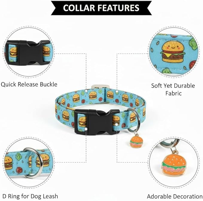 Britwicfr Cute Dog Collar, Blue Dog Collar with Burger Pattern and Cute Charm, Puppy Collar with Quick Release Buckle and Durable Fabric, Suitable for Medium and Large Dogs