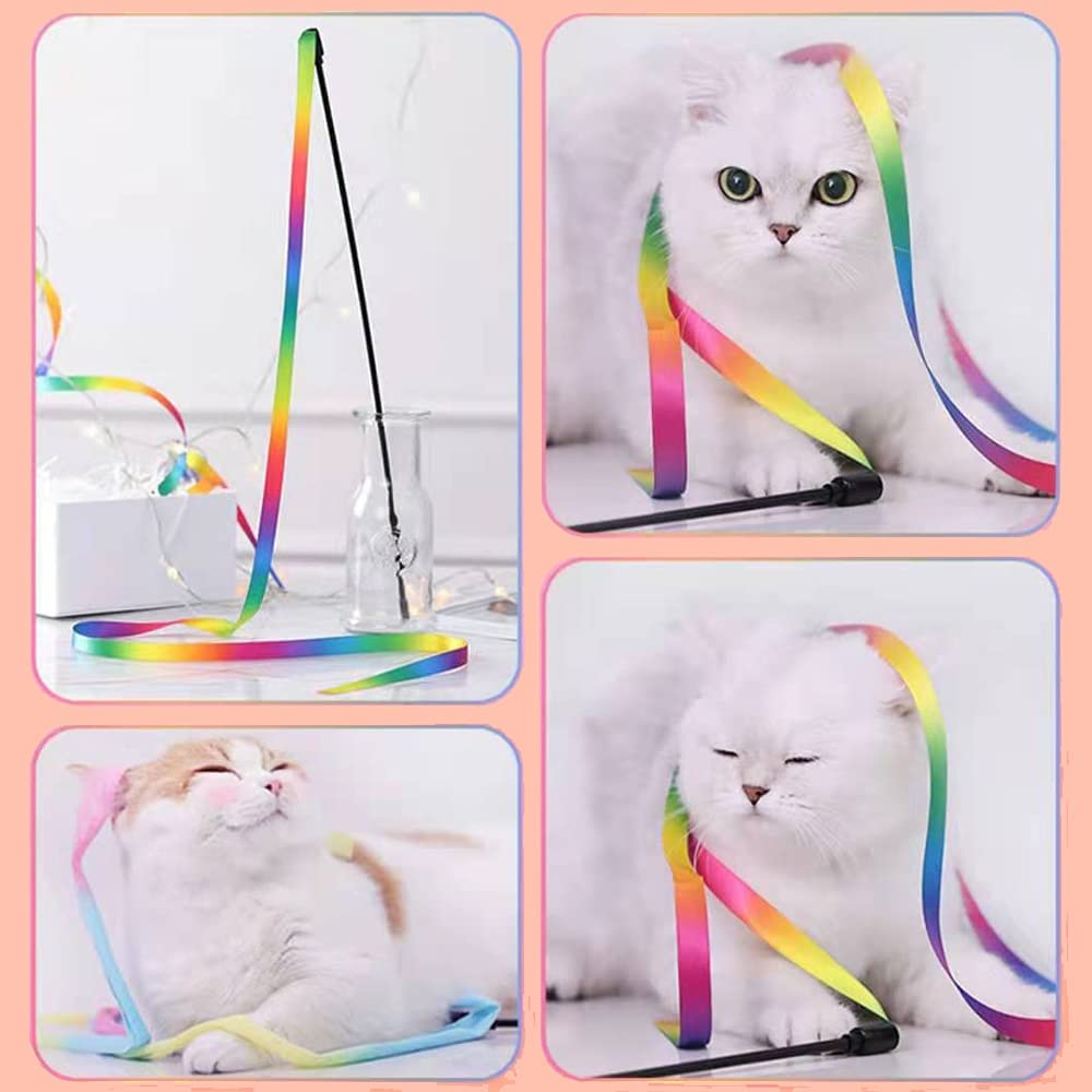 LASOCUHOO Interactive Cat Wand Toys Interactive Cat Teaser Wand String Ribbon Rainbow Charmer for Cats and Kittens - 2 Packs
