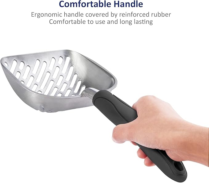 WePet Cat Litter Scoop, Aluminum Alloy Sifter, Kitty Metal Scooper, Deep Shovel with Diagonal Sifting Hole, Long Handle, Kitten Poop Lifter for Litter Box, Large Size, Black Handle