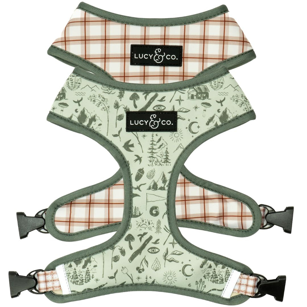 Lucy & Co. Reversible Dog Harness - Water-Repellent Neoprene, Dual-Print Design, Easy Swap Style, Adjustable Comfort Fit - Camp Out Reversible Harness - X-Small