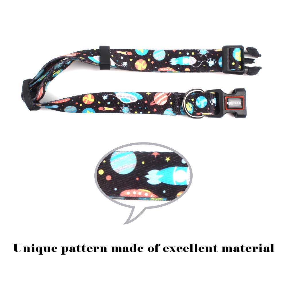 QQPETS Adjustable Soft Dog Collar: Print Flower Pink Multicolor Cute Patterns for XS Small Medium Large Pet Girl Boy Puppy Walking Running Training (L, Space)