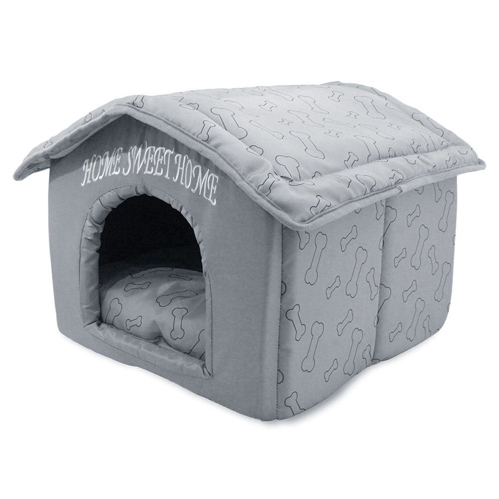 Best Pet Supplies Cat Bed for Indoor Cat, Domed Tent House with Removable Pillow, Covered Cat Cave for Small Dog, Puppies and All Breeds of Cats - Silver w/ Bones, 16 x 16 x H:14"