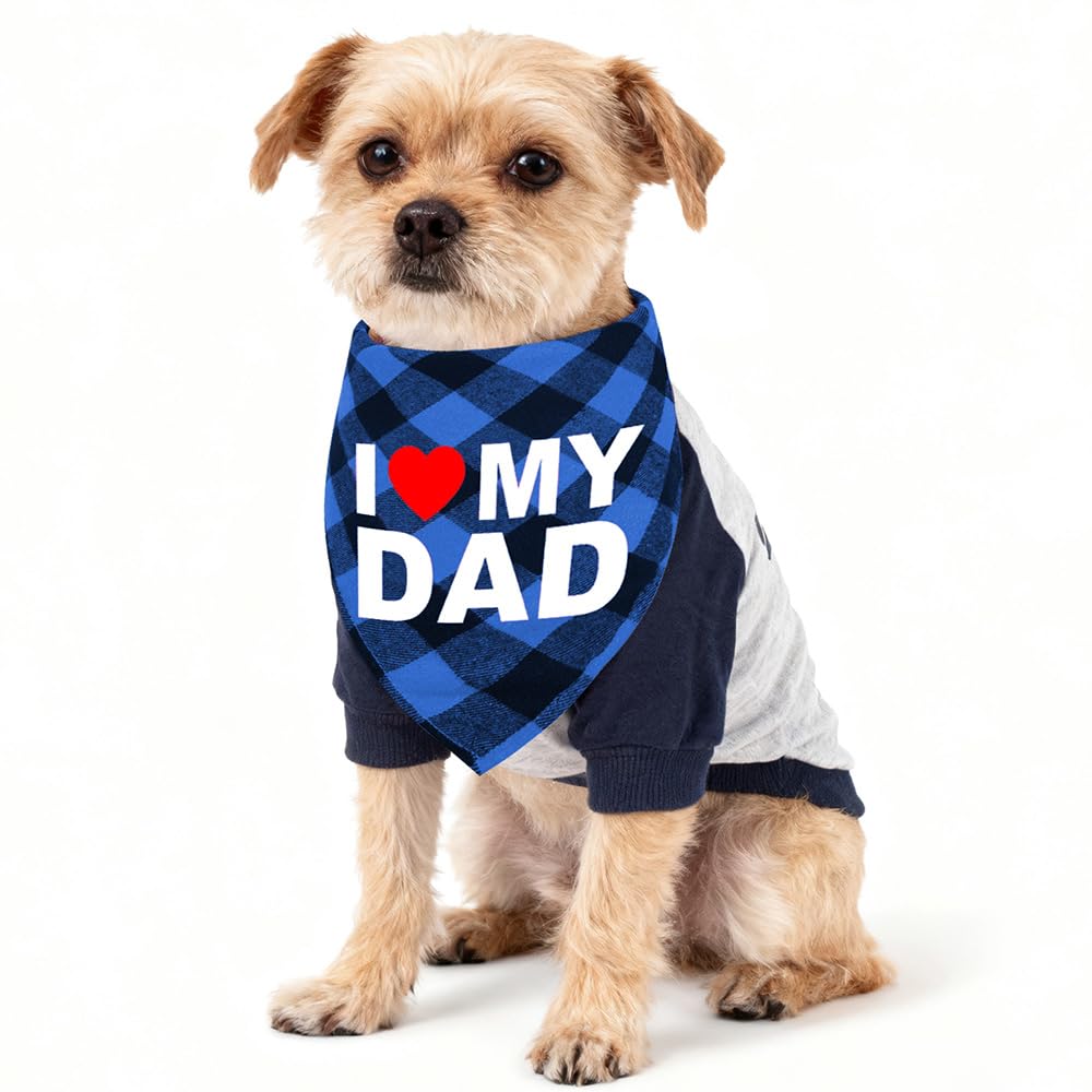 GreenJoy Cute Plaid Dog Bandana – Washable Pet Triangle Scarf for Small, Medium, Large Dogs and Cats, Adjustable Pet Accessory for Birthday, Wedding and Christmas (Blue (I Love My Dad), Small)
