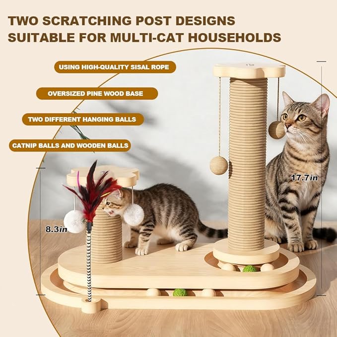 Cat Scratching Post, Sisal Cat Scratcher Post - 4-in-1 Cat Solid Wood Activity Center | Indoor Interactive Cat Toy with Trackball (Rolling), Feather Teaser, Hanging Balls & Natural Catnip Ball
