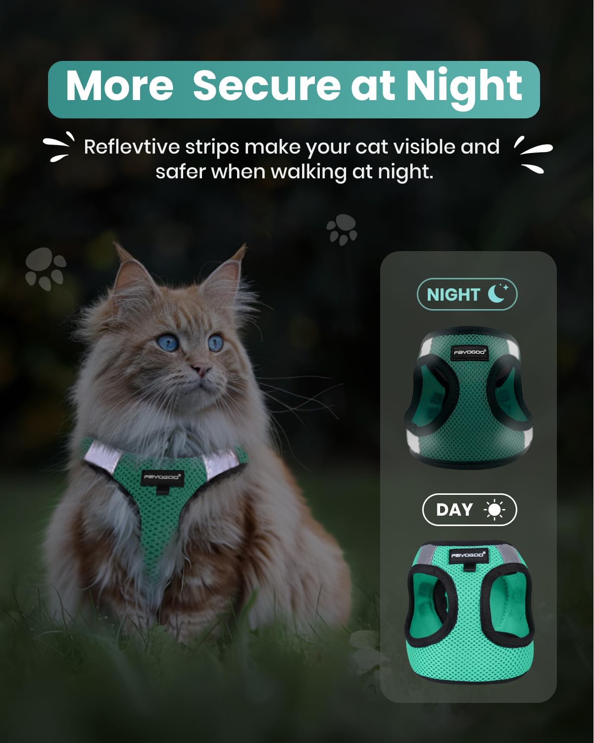 FAYOGOO Escape Proof Cat Harness and Leash Set for Walking, Secure-Fit Step-in Cat Vest Harness, Soft & Lightweight for Kittens and Large Cats