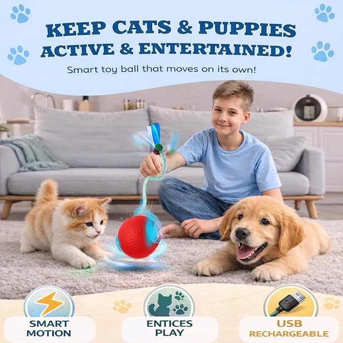 GlowPounce Interactive Cat Toys for Indoor Cats, Motion Activated Cat Toy Ball with Speedy Tail 2.0, Electric Cat Toy, Cat Toy Interactive, Smart Interactive Dog Toy Ball (Red/Green)