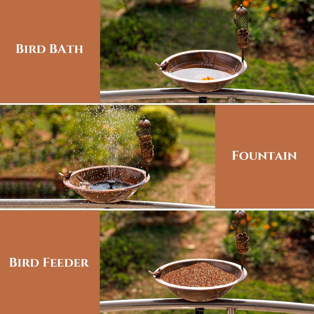 DREAMSOUL Deck Bird Bath with Feeder, 13" Bird Bath for Outside with Adjustable Sturdy Steel Clamp, Metal Birdbath Bowl for Railing Balcony Patio Decor