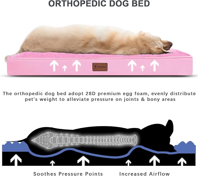MIHIKK Waterproof Dog Bed Medium Size Dog Orthopedic Pet Beds for Crate with Removable Washable Cover Egg-Crate Foam Pet Pad Mat with Anti-Slip Bottom, 35x22 Inch, Pink