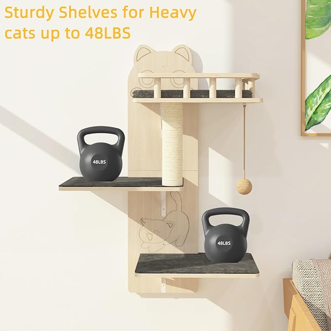 HHOFURN Cat Wall Shelves, 3 Platform Kitten Wall Furniture, DIY for Painting Cats Scratching Post with Sisal Scratching Post and Ball Toy