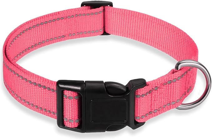 Reflective Dog Collar with Buckle Adjustable Safety Nylon Collars for Small Medium Large Dogs, Light Pink XL