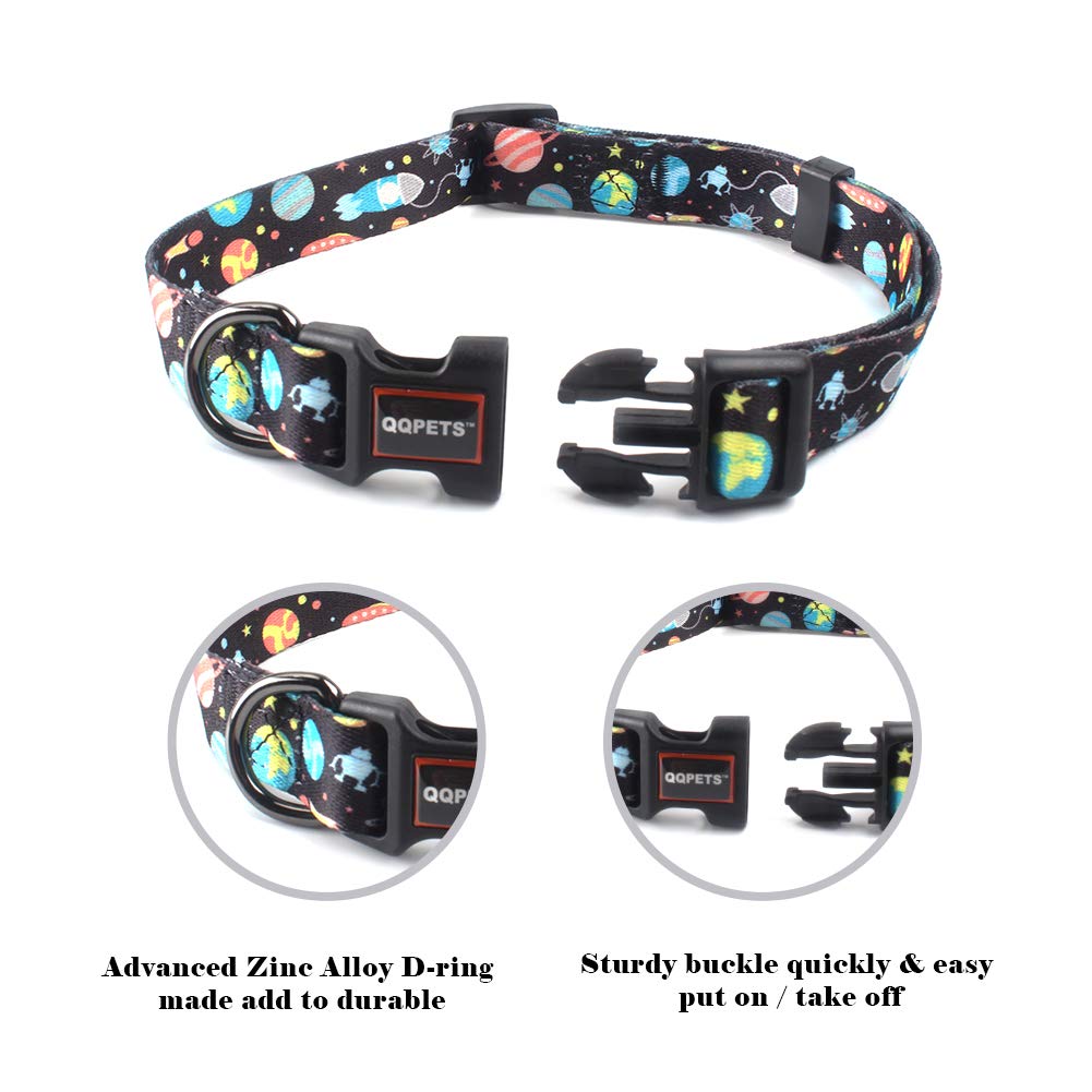 QQPETS Adjustable Soft Dog Collar: Print Flower Pink Multicolor Cute Patterns for XS Small Medium Large Pet Girl Boy Puppy Walking Running Training (L, Space)