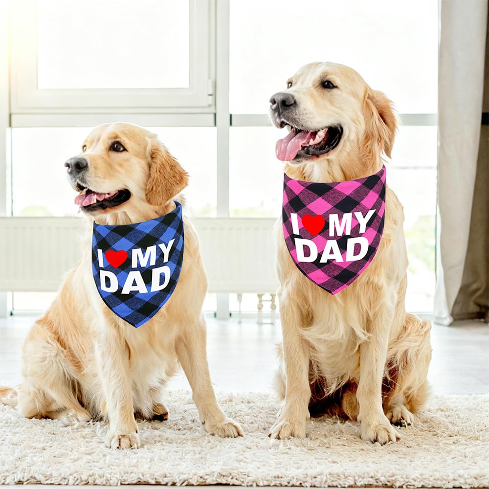 GreenJoy Cute Plaid Dog Bandana – Washable Pet Triangle Scarf for Small, Medium, Large Dogs and Cats, Adjustable Pet Accessory for Birthday, Wedding and Christmas (Blue (I Love My Dad), Small)