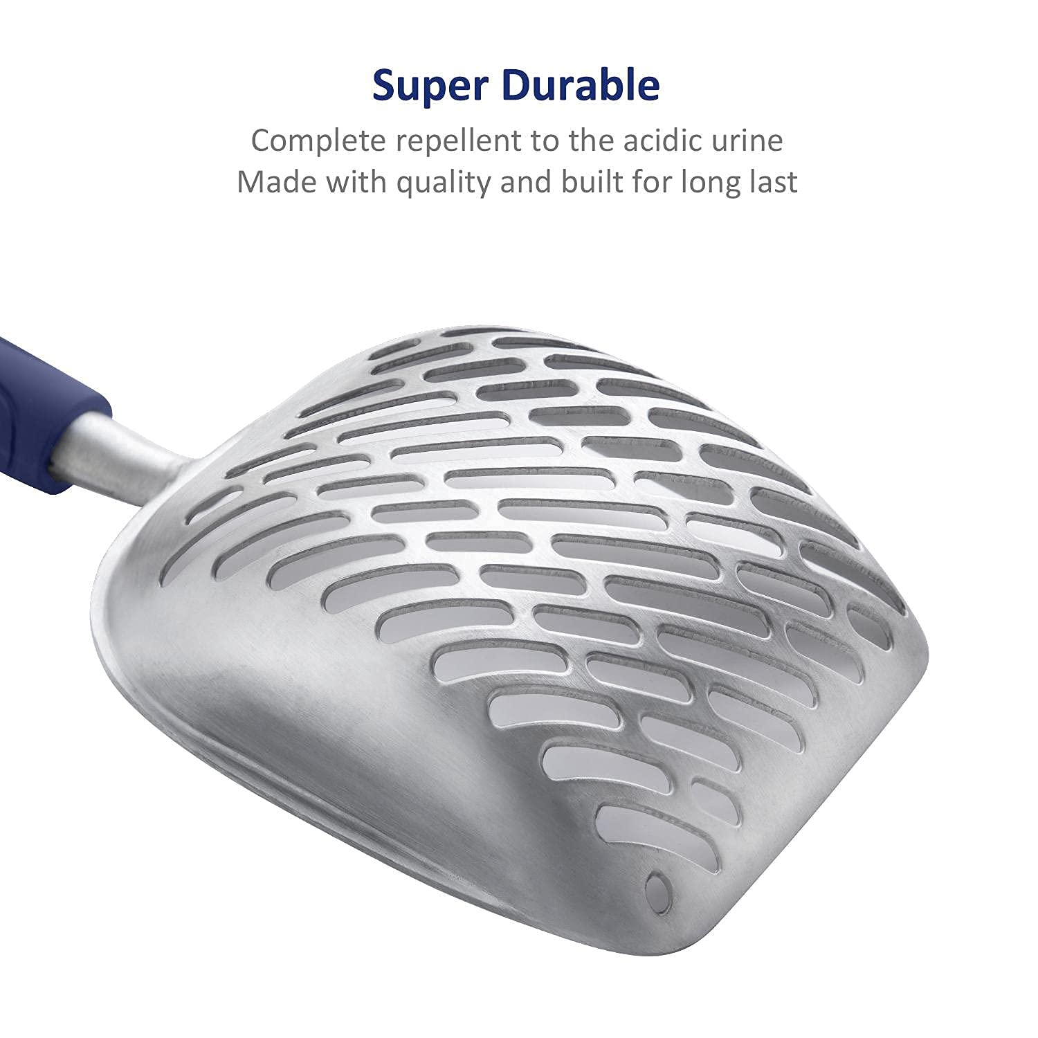 WePet Cat Litter Scoop, Aluminum Alloy Sifter, Kitty Metal Scooper, Deep Shovel with Diagonal Sifting Hole, Long Handle, Kitten Poop Lifter for Litter Box, Medium Size, Blue Handle