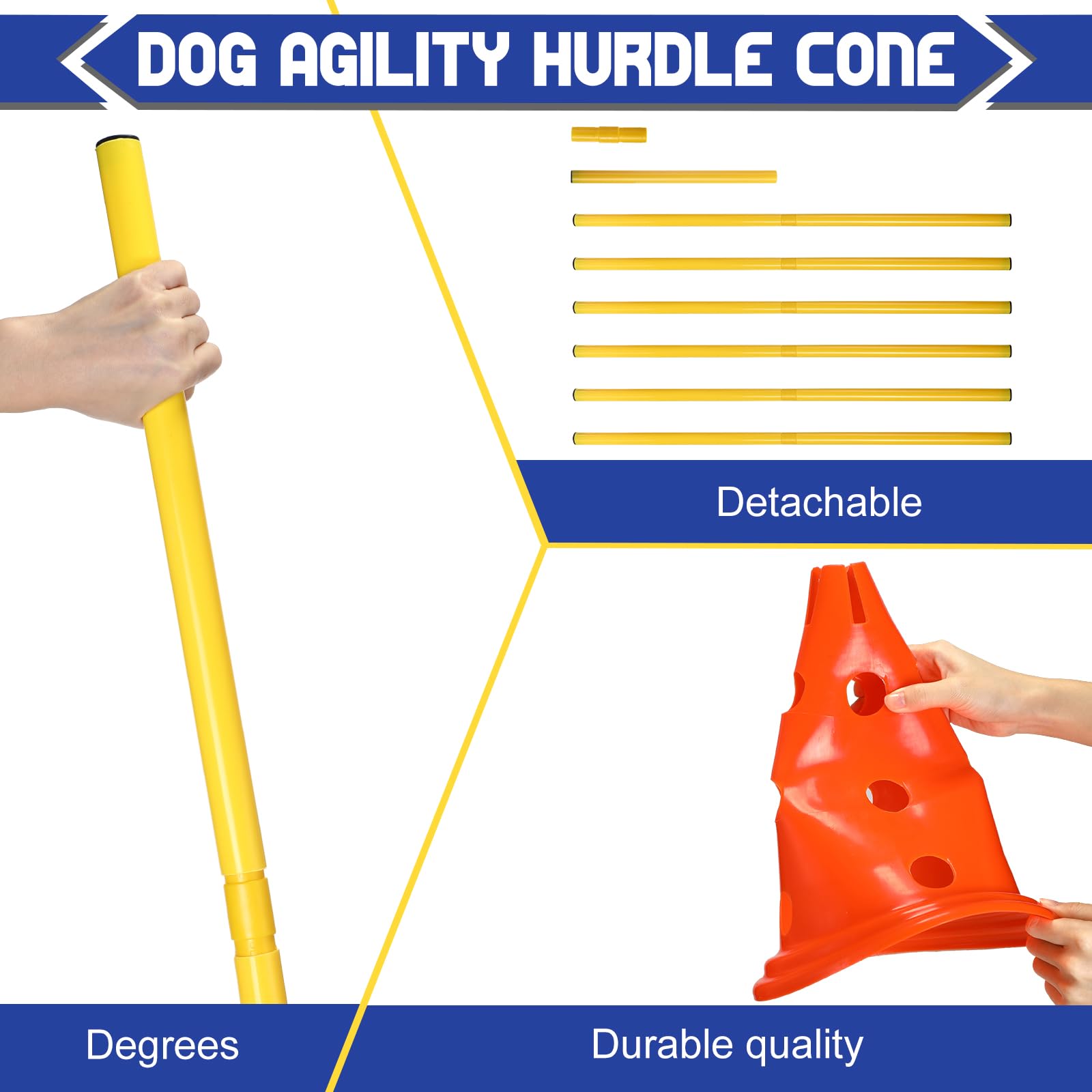 Glimin 10 Sets Dog Agility Hurdle Cone Set 20 Pcs Exercise Cones with 10 Pcs Rods Adjustable Obstacle Portable Agility Training Equipment Canine Pole(Orange and Yellow)