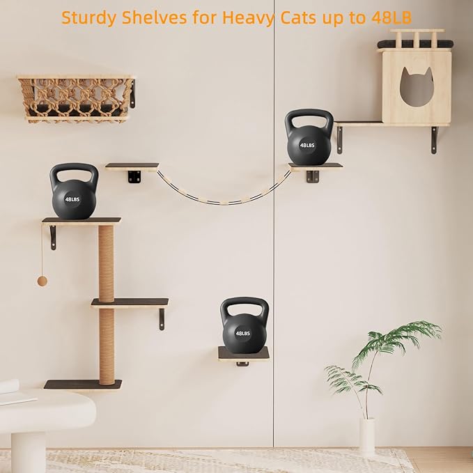 HHOFURN 5-in-1 Cat Wall Shelves Set with Hammock, Wall-Mounted Cat Furniture Includes Condo, Bridge, Ladder & Steps for Indoor Cats, Safe & Stable (Gray)
