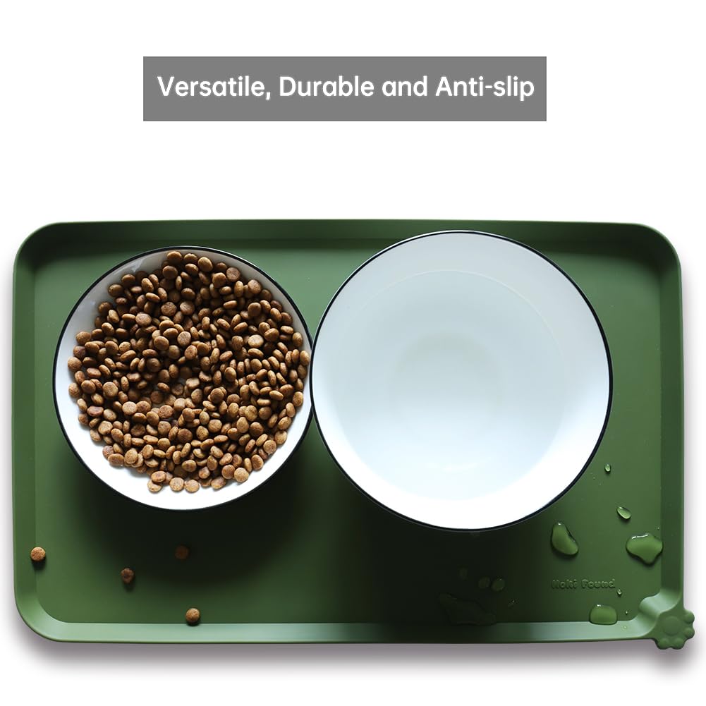 Hoki Found Silicone Pet Food Mat - High-Lips Dog Cat Bowl Placemat - Waterproof, Dark Olive