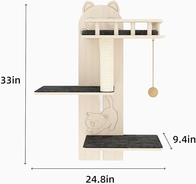 HHOFURN Cat Wall Shelves, 3 Platform Kitten Wall Furniture, DIY for Painting Cats Scratching Post with Sisal Scratching Post and Ball Toy