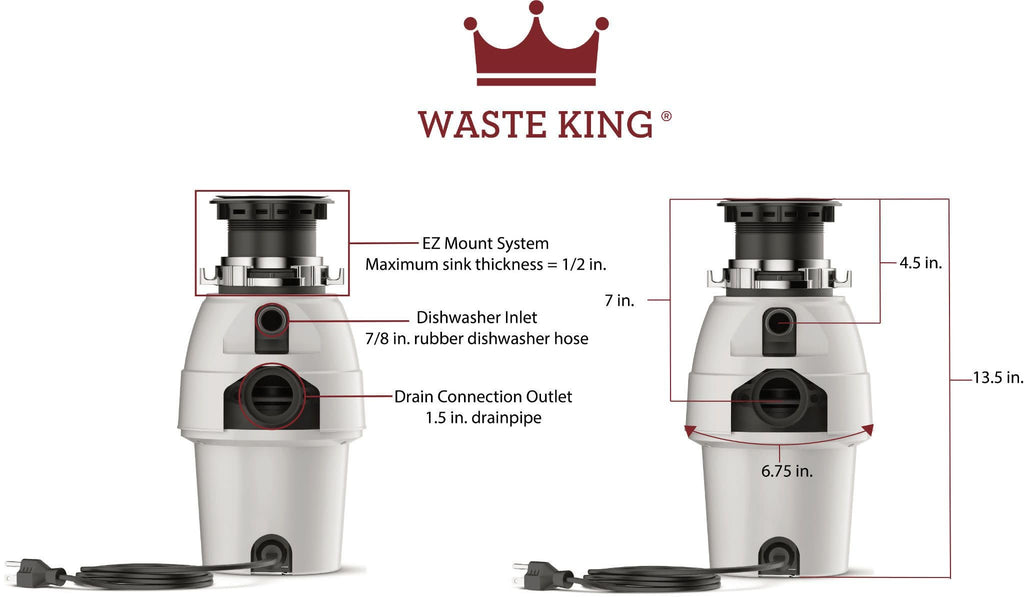 Moen L-2600 Waste King 1/2 HP Continuous Feed Garbage Disposal with Power Cord