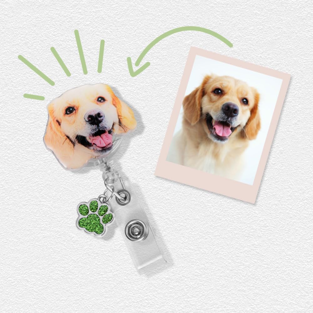 callie Personalized Pet Badge Reel - Custom Dog & Cat Photo, Cute ID Badge Holder Retractable with Alligator Clip & Paw Charm, Gifts for Dog Lover Nurse Vet Doctor（1 Pet）