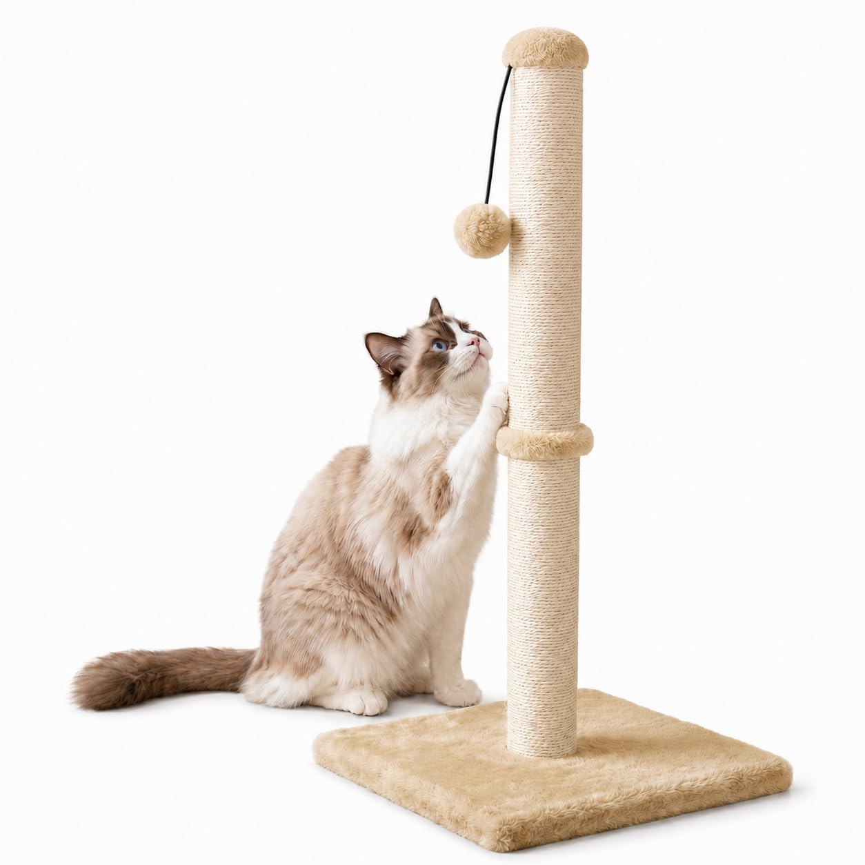 Dimaka 29" Height Tall Cat Scratching Post, Claw Scratcher with Sisal Rope and Covered with Soft Smooth Plush, Vertical Scratch [Full Strectch] for Standard Size Cats (Light Brown, 29 inches)