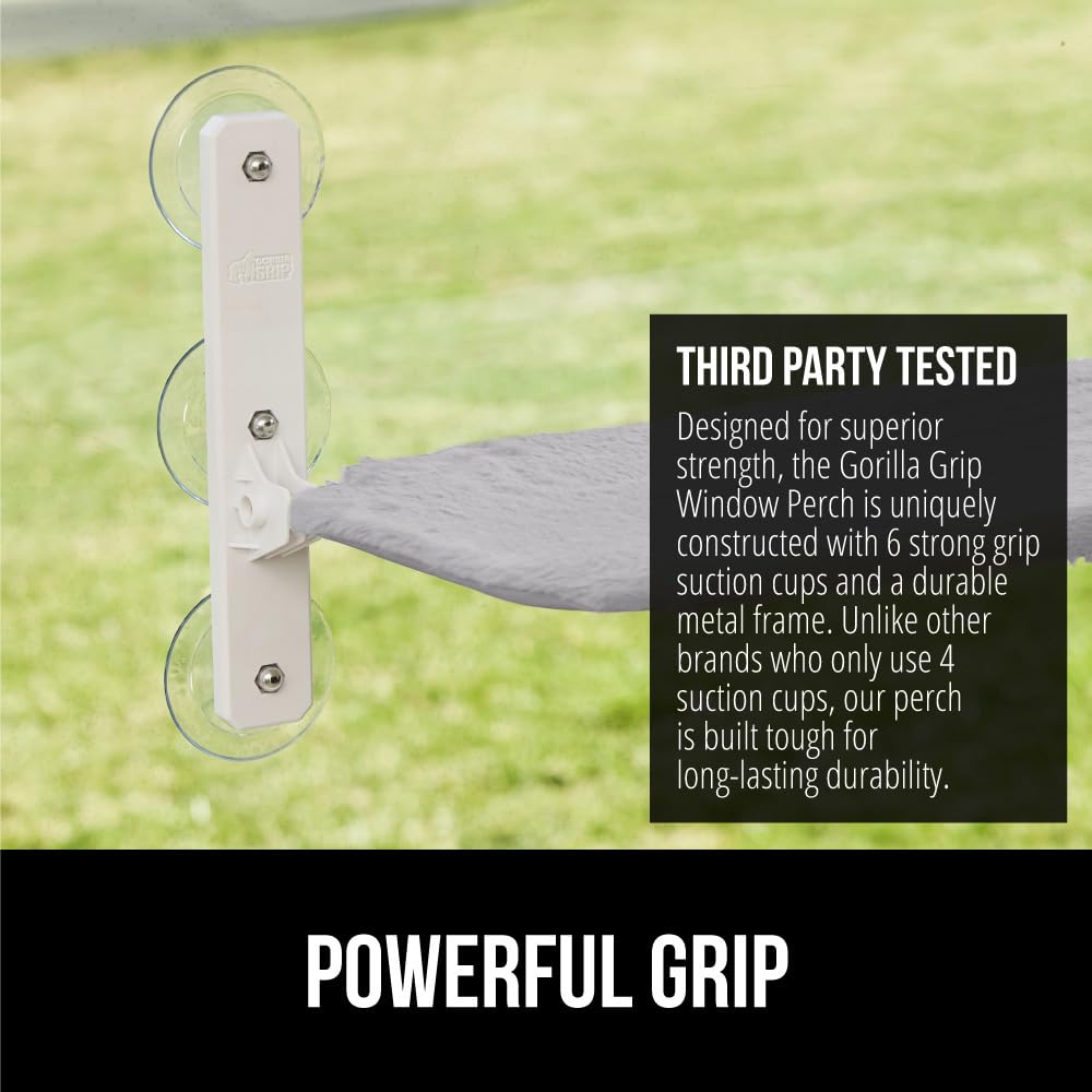 GORILLA GRIP Cat Window Perch, Foldable Cat Window Hammock Bed with 6 Large Suction Cups, Cordless Indoor Wall Shelves, Strong Metal Frame Holds 30lbs, Reversible Washable Sherpa Cover, Medium Gray