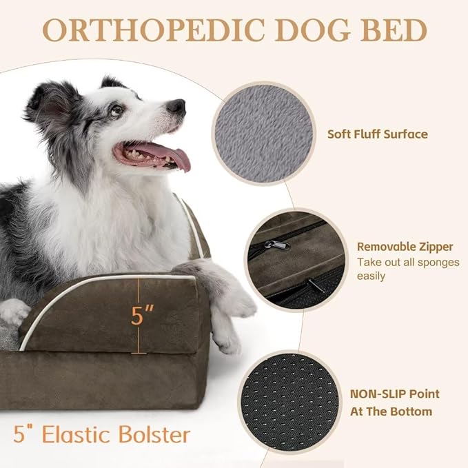 Comfort Expression Orthopedic Dog Bed for Extra Large Dogs 45x35 Inch, Waterproof Egg Crate Foam XL Pet Bed with Removable Bolsters, Dog Couch with Washable Cover & Non-Slip Bottom, Dark Green