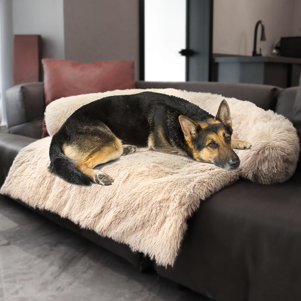 Tinaco Calming Dogs/Cats Bed Mats, Dog Pad Washable Removable Couch Cover, Plush Long Fur Mat for Pets, Waterproof, Perfect for Small, Medium and Large Dogs and Cats (Desert Brown, 45"x37"x 6.0")