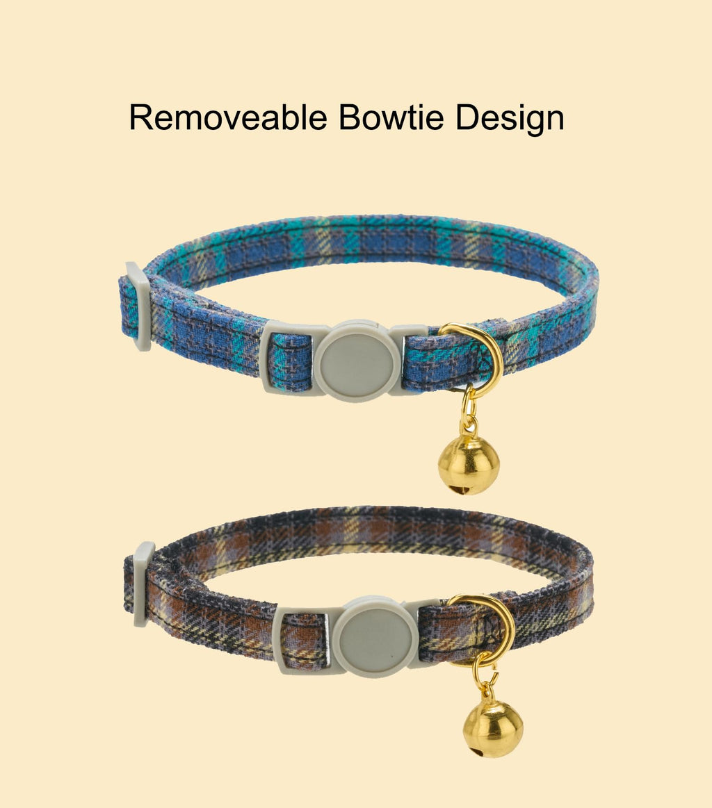 YUDOTE Cotton Bowtie Cat Collar with Bell 2 Pack Plaid Breakaway Kitten Collars with Removeable Bunny Ear Bow(Mocca Tweed+Ocean Blue)
