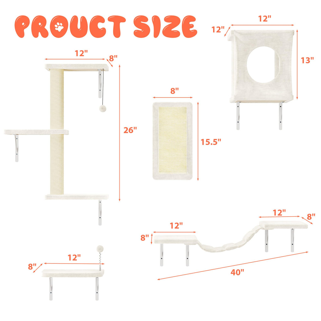 NUNU LAB Cat Wall Shelves Set, 5 Pcs Wall-Mounted Cat Climber with Cat House, Bridge, Scratching Post, Hammock, Wall Shelves, Beige