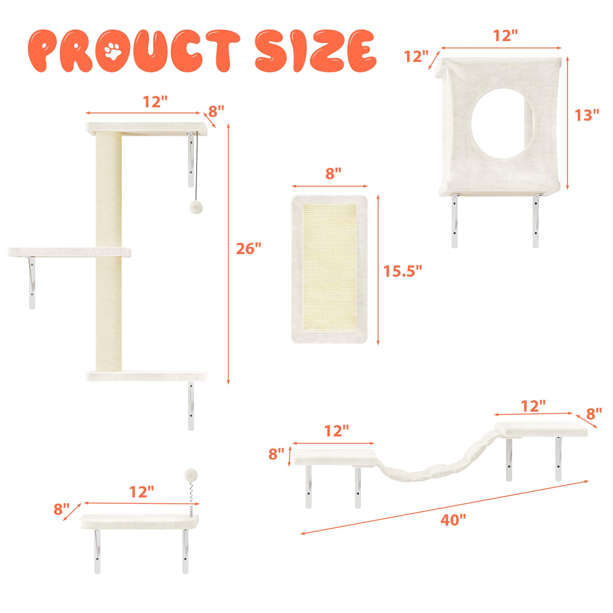 NUNU LAB Cat Wall Shelves Set, 5 Pcs Wall-Mounted Cat Climber with Cat House, Bridge, Scratching Post, Hammock, Wall Shelves, Beige