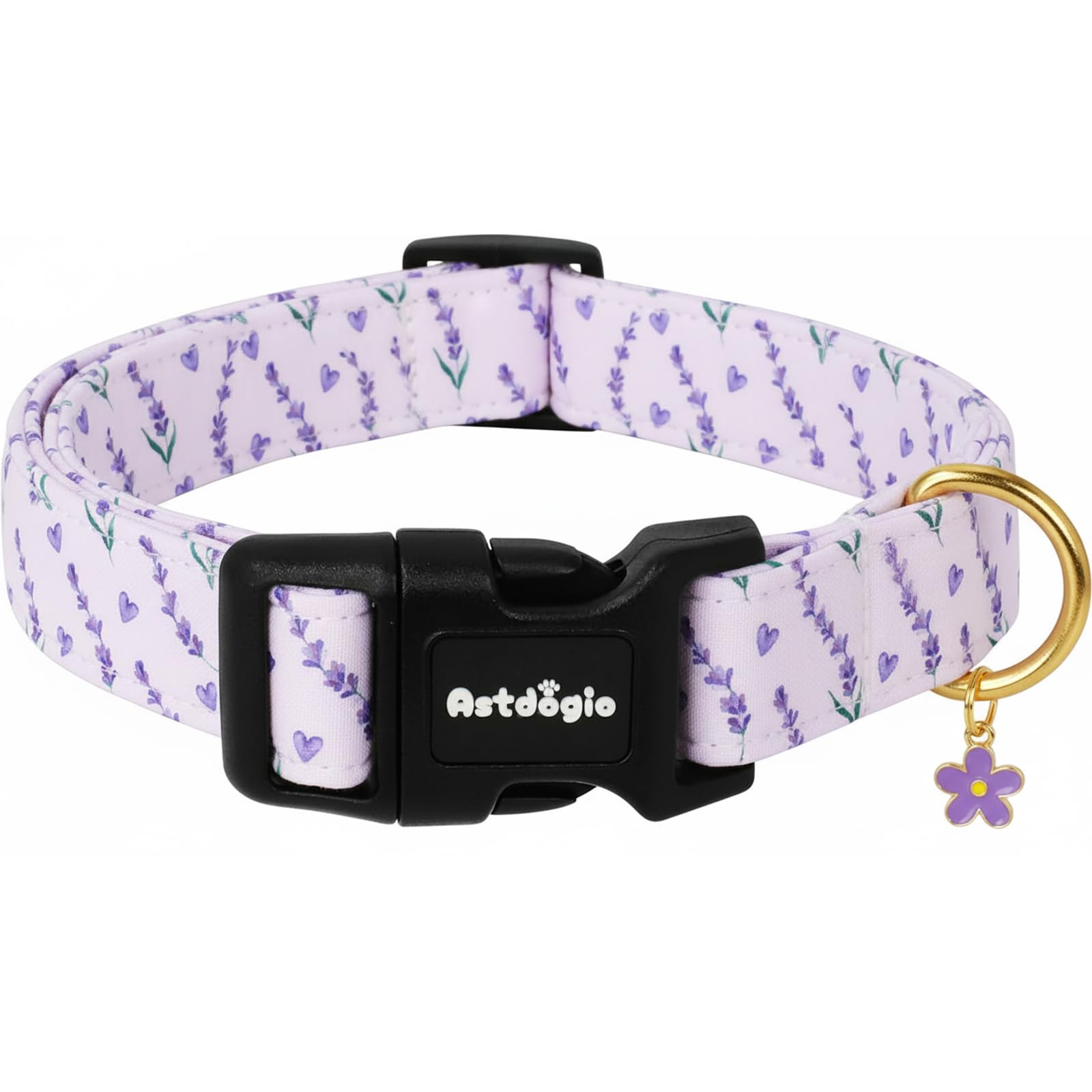Astdogio Dog Collar for Medium Dogs, Spring Purple Dog Collars with Flowers Pattern, Adjustable Cotton Dog Collars, Cute Girl or Boy Dog Collar Ideal for Gifts,Pet Accessory