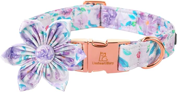 Lionheart Glory Purple Dog Collar With Flower - Cute Floral Pattern Adjustable Pet Collar for Small Dogs