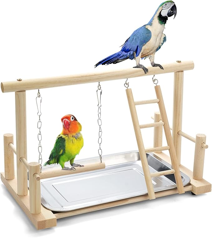 FrgKbTm Natural Wood Bird Playground Parrot Perch Playstand Play Gym Stand Playpen Perches Ladder Swing Platform with Toys Exercise Playgym for Luonfels,Budgie,Cockatiels,Conures,Parakeets,Lovebird