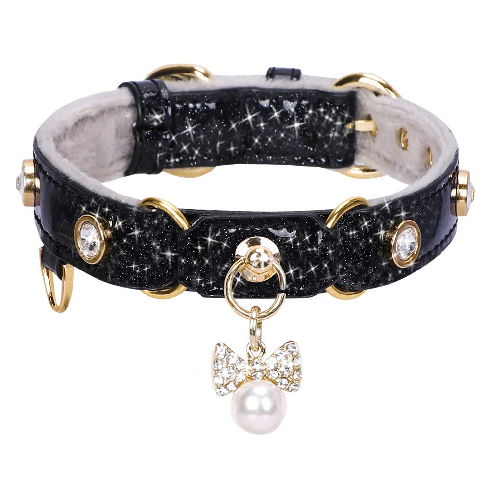 PetsHome Cat Collar, Dog Collar, [Bling Rhinestones] PU Leather Adjustable Pet Collar with Luxury Pendant for Big Cat and Small to Medium Dog Small Black