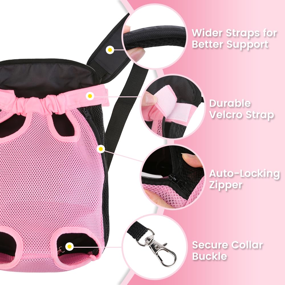 Inspack Dog Backpack Carrier/Cat Carrier, Adjustable Pet Front Carriers Travel Bag for Puppy Medium Dogs, Legs Out, Soft Ventilated Doggie Chest Carry Backpacks for Hiking/Camping, 7-11 lbs, Pink