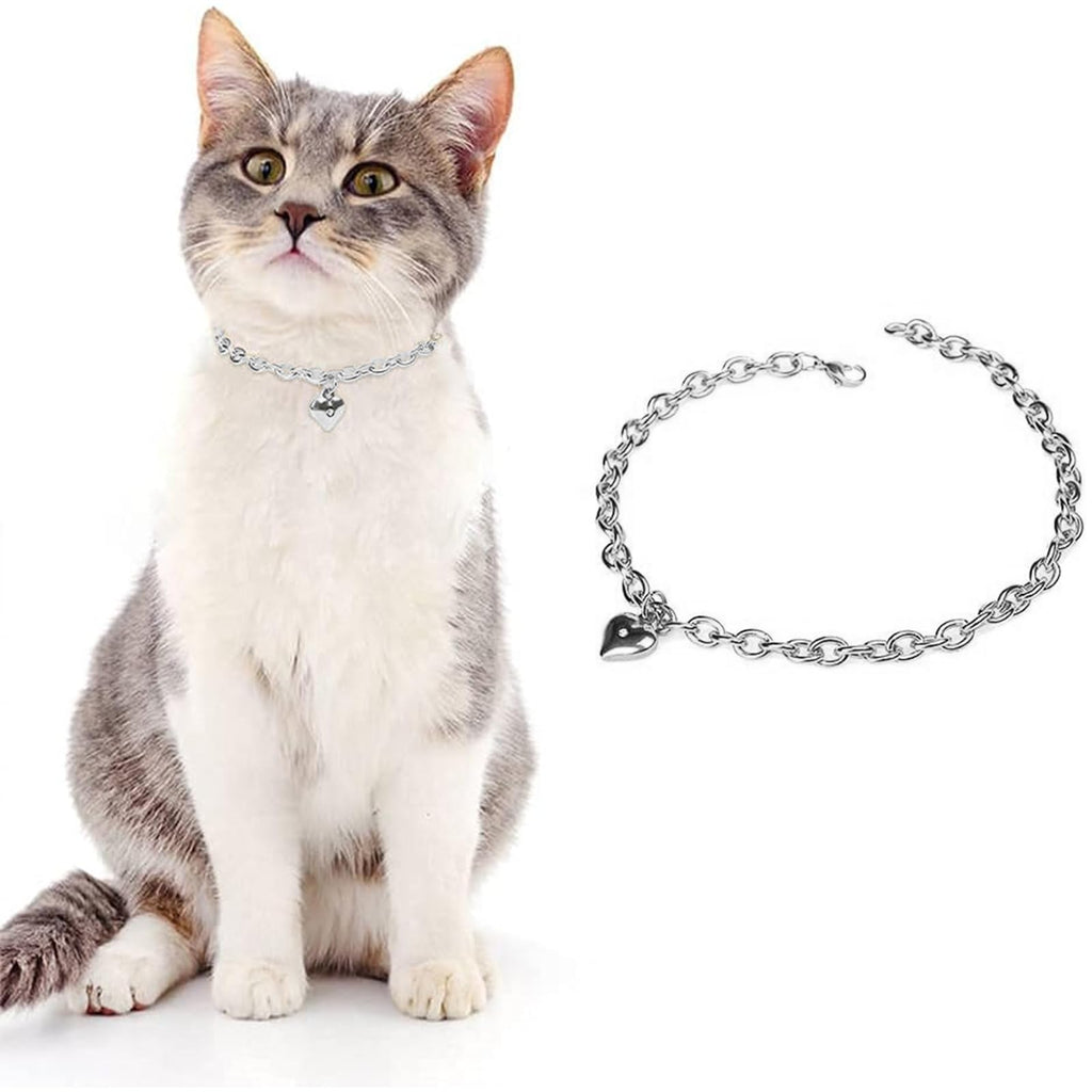 HOWWFALY Dog Collar and Cat Chain Necklace Stainless Steel Adjustable 18K Sliver Heart-Shaped Necklace for Small Pets Cats Kitten Puppy (Sliver, 7 inch)