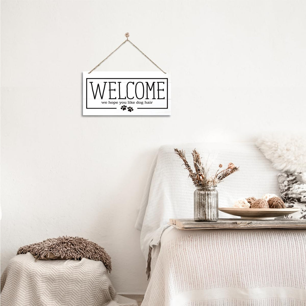 Welcome Sign for Front Door, Welcome Decor Wooden Hanging Sign for Dog Lover, We Hope You Like Dogs Hair, Rustic Funny Wooden Outdoor Front Door Hanging Decoration 13.8X6.9 inches