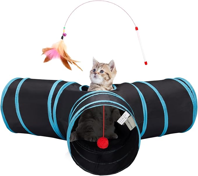 Tempcore Cat Tunnel for Indoor Cats, 3 Way Collapsible Pet Play Tunnel with Teaser Wand, Peek Holes & Hanging Ball, Interactive Tube for Kittens & Rabbits