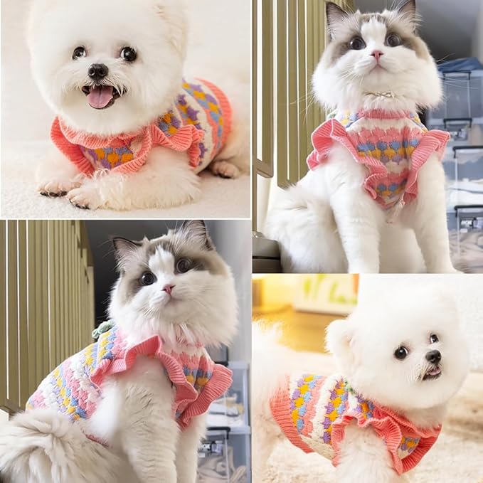 Small Dog Sweater, Knitted Tulip Cat Sweater, Warm Thick Holiday Puppy Clothes for Small Dog Girl,Cold Weather Outfit for Kitten Chihuahua Yorkie Teacup Dachshund Pug (Pink, Large)