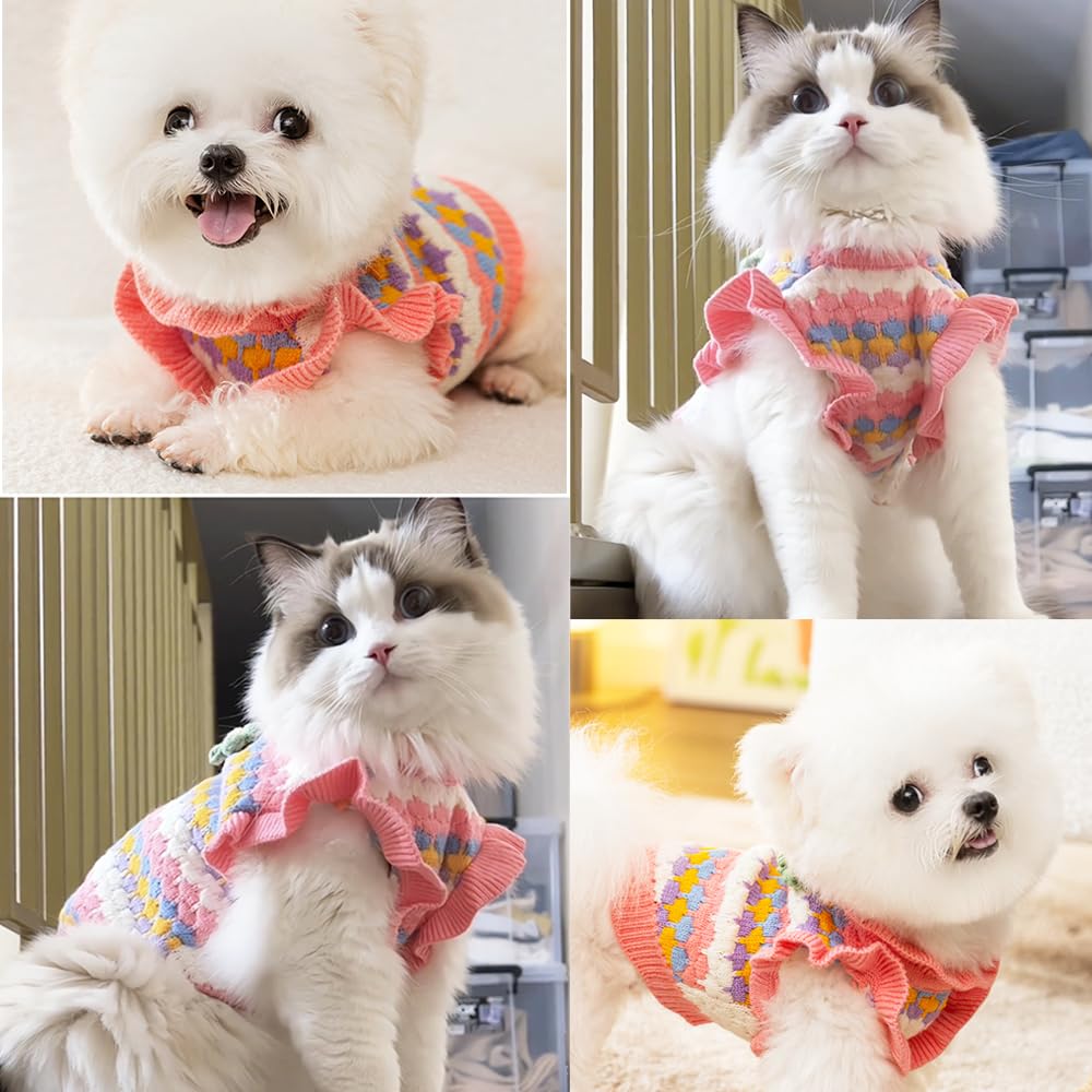 Anelekor Small Dog Sweater, Knitted Tulip Cat Sweater, Warm Thick Holiday Puppy Clothes for Small Dog Girl,Cold Weather Outfit for Kitten Chihuahua Yorkie Teacup Dachshund Pug (Pink, Large)