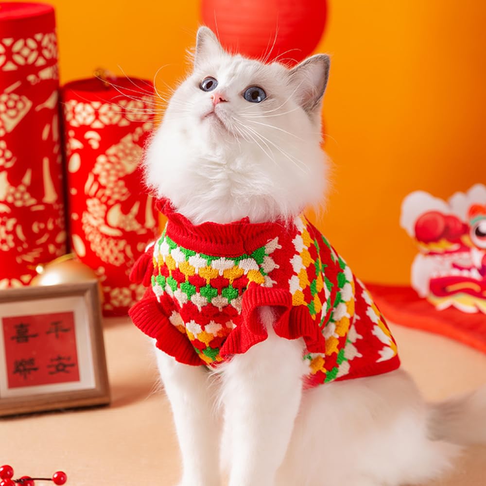 Anelekor Small Dog Sweater, Knitted Tulip Cat Sweater, Warm Thick Holiday Puppy Clothes for Small Dog Girl,Cold Weather Outfit for Kitten Chihuahua Yorkie Teacup Dachshund Pug (Red, X-Small)