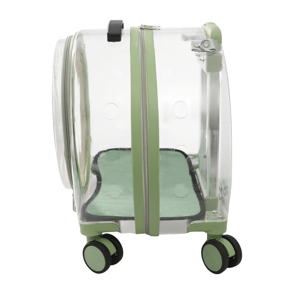 Transparent & Fully Breathable Hard Cat Carrier with Rolling Wheels, Multiple Carrying Carrier for Cats, Dogs, Or Bunnies for Traveling, Taking a Walk, Applicable Weighing up to 19.84lbs (Green,Clear)