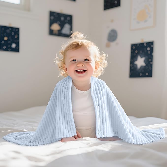 Eonkasp Soft Fleece Baby Blanket Ultra Cozy Blue Baby Blankets for Boys Warm and Lightweight Infant Toddler Newborn Receiving Gift with Reversible Stripes for Crib Stroller, 30x40 Inch, Light Blue