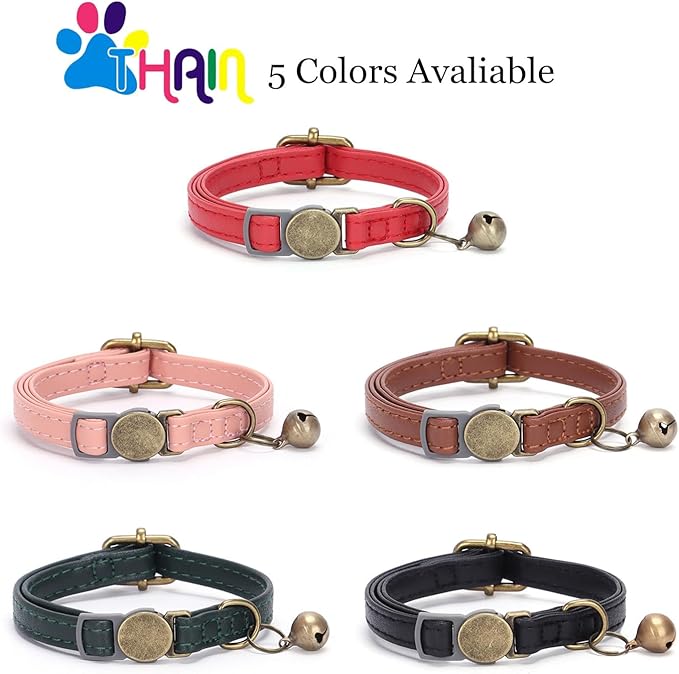 THAIN Leather Cat Collar with Bell Breakaway- Adjustable, Durable, Retro Bell fit Most Cats and Kittens (Black)