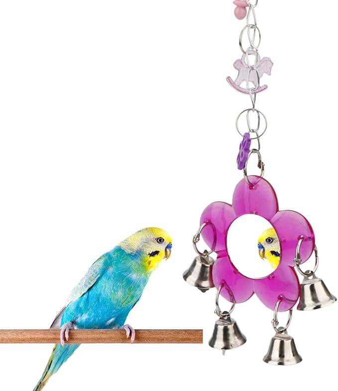 Hypeety Pet Bird Mirror with Bell Interactive Parrot Toy for Parrot Macaw African Greys Budgies Cockatoo Parakeet Cockatiels Conure Lovebird Cage Bells Mirror (A)